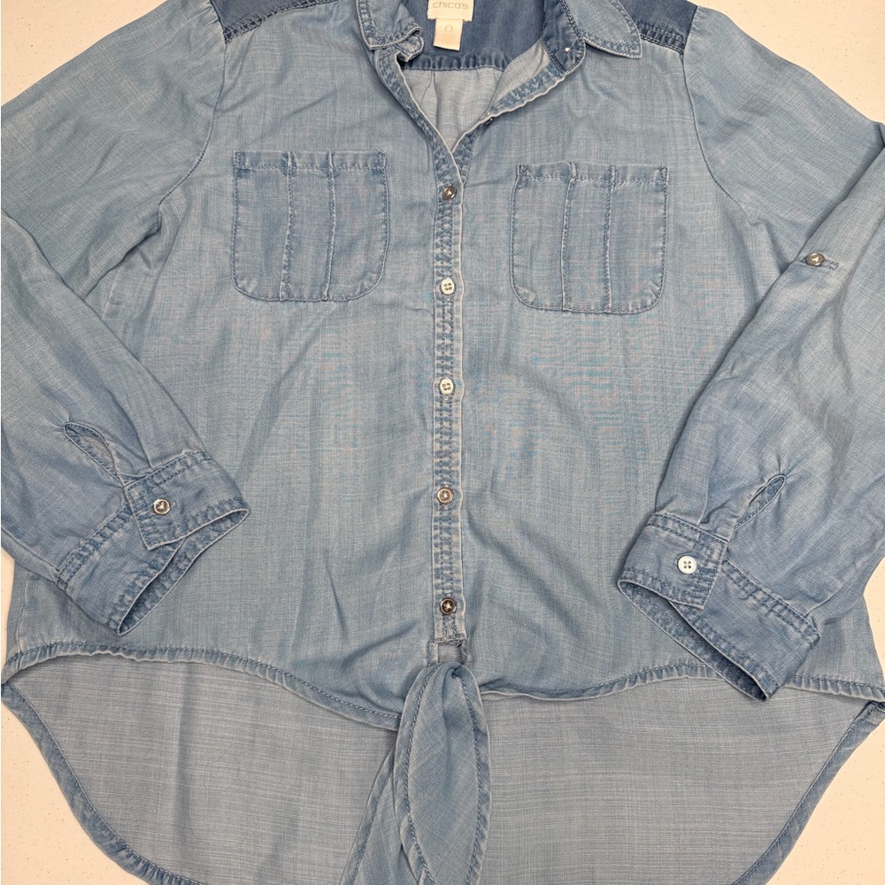 Chico's Light Blue Tie-Front Denim Button-Down - Picture 11 of 12